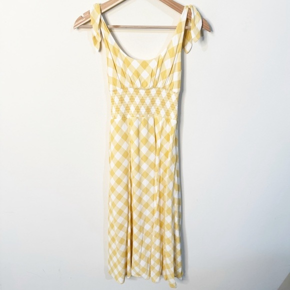Reformation Yellow White Gingham Tie Shoulders Midi Darby Dress in Bodie Small - Picture 2 of 7